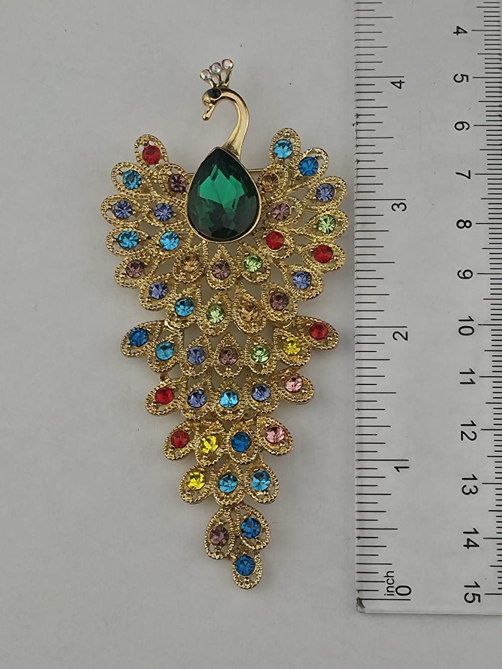 Huge 4" Reticulated Peacock Brooch Emerald Green Crystal Multicolor Rhinestones - Picture 2 of 4